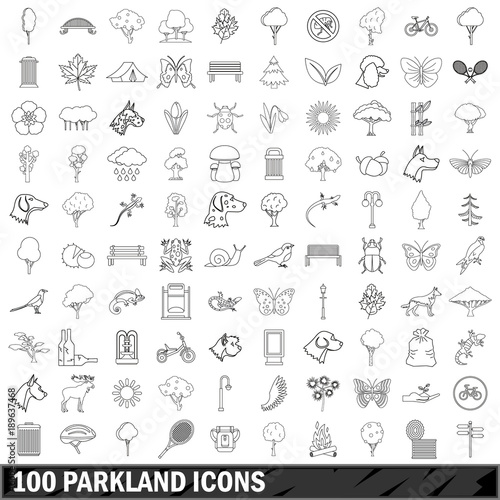 100 parkland icons set  outline style