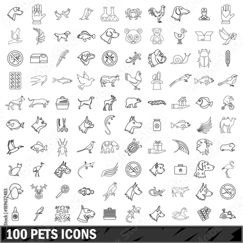 100 pets icons set  outline style