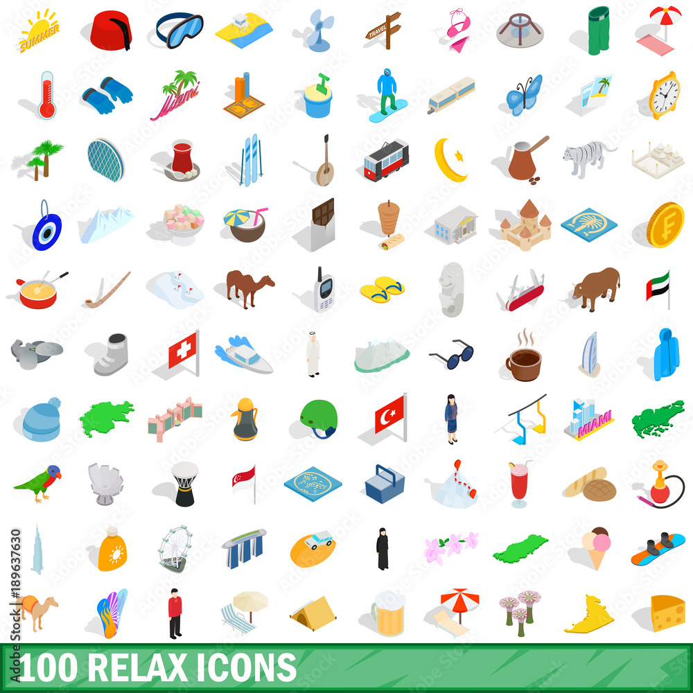 100 relax icons set, isometric 3d style 100 relax icons set, isometric 3d style