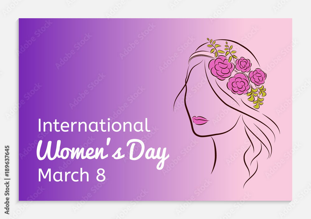 International Womens Day greeting card. Silhouette of a beautiful girl in a rim with flowers on her head. Fashionable ultra violet gradient background. Vector illustration