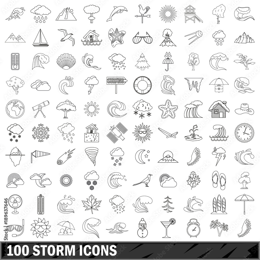 100 storm icons set, outline style 100 storm icons set, outline style