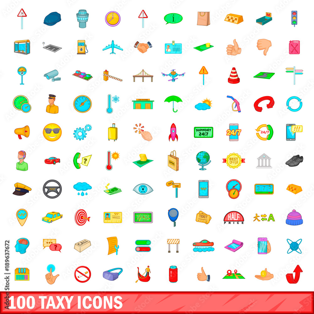 Fototapeta premium 100 taxy icons set, cartoon style