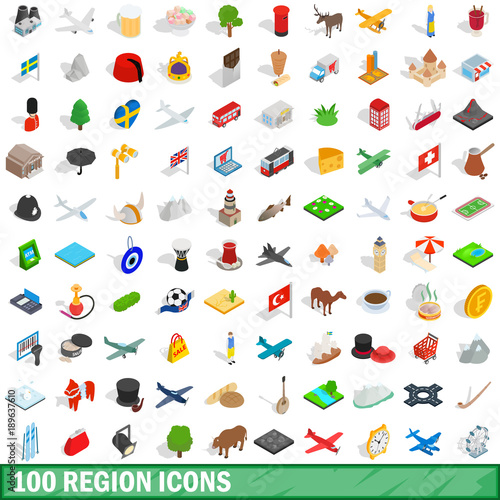 100 region icons set, isometric 3d style