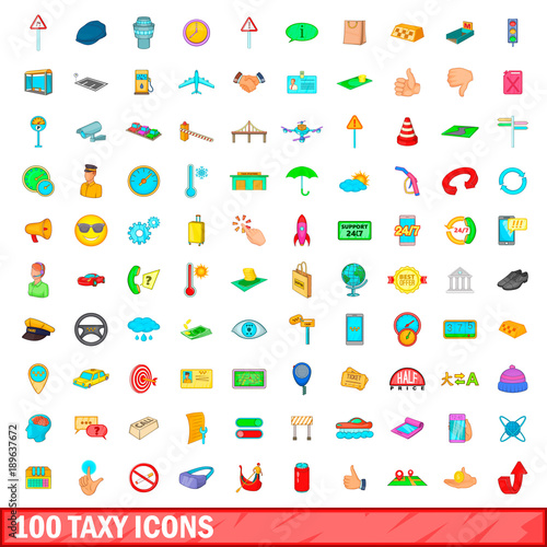100 taxy icons set, cartoon style