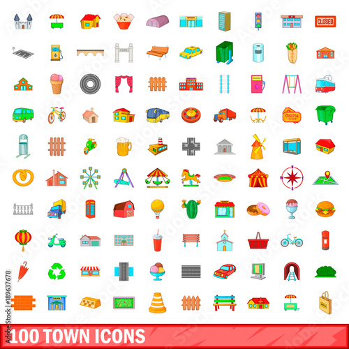 100 town icons set, cartoon style