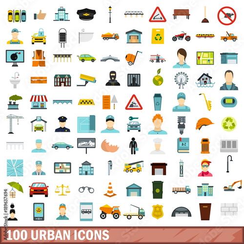 100 urban icons set, flat style