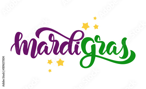 Vector illustration: Handwritten modern brush lettering of Mardi Gras with stars on white background