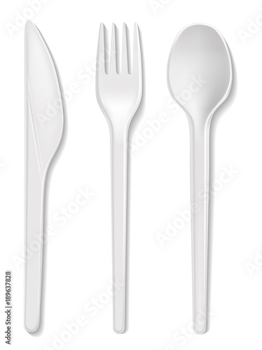 Disposable plastic spoon, fork and knife vector isolated cutlery. Realistic white plastic party or picnic tableware icons illustration on white background