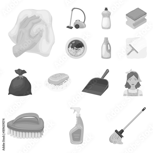 Cleaning and maid monochrome icons in set collection for design. Equipment for cleaning vector symbol stock web illustration.