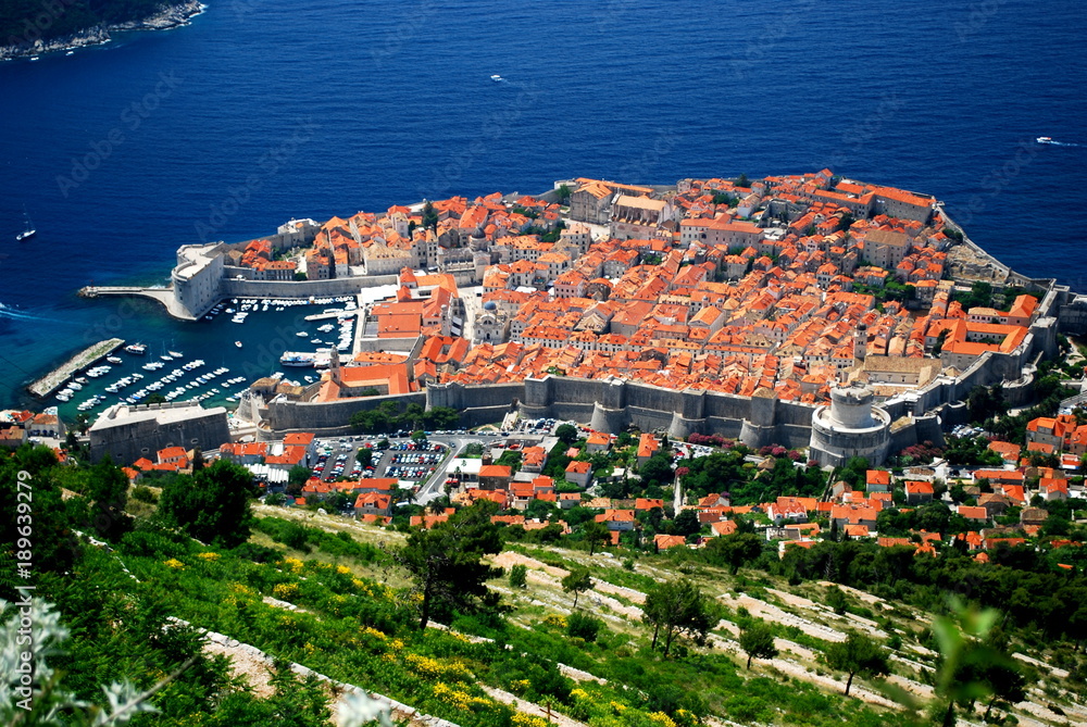 Aerial view of Dubrovnik Old Town with Lokrum Island in the background