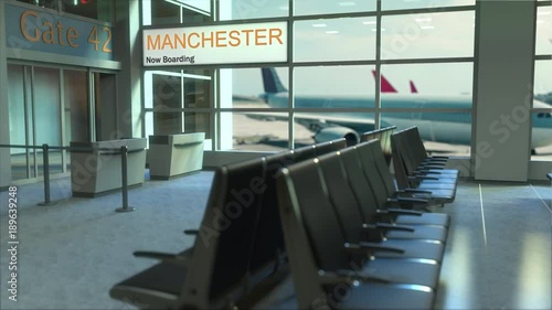 Manchester flight boarding now in the airport terminal. Travelling to the United Kingdom conceptual intro animation, 3D rendering photo