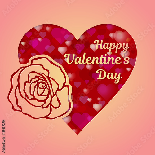 Happy Valentines Day greeting card or banner. A pink heart and a beautiful rose cut out from paper. Red heart pattern on the lower layer. Vector illustration
