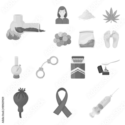 Drug addiction and attributes monochrome icons in set collection for design. Addict and Drug vector symbol stock web illustration.