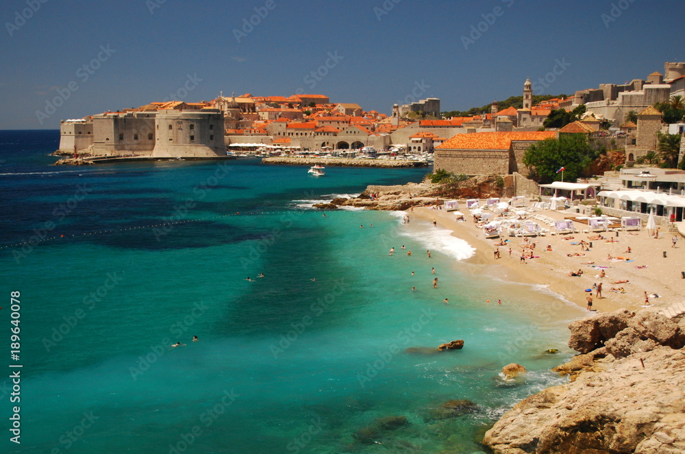 Dubrovnik beach with the Old Town in the background