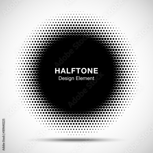 Black Abstract Circle Frame Halftone Dots Logo Design Element for medical treatment, cosmetic. Circle Border Icon halftone dot vector elements. Halftone circle emblem, vector illustration.
