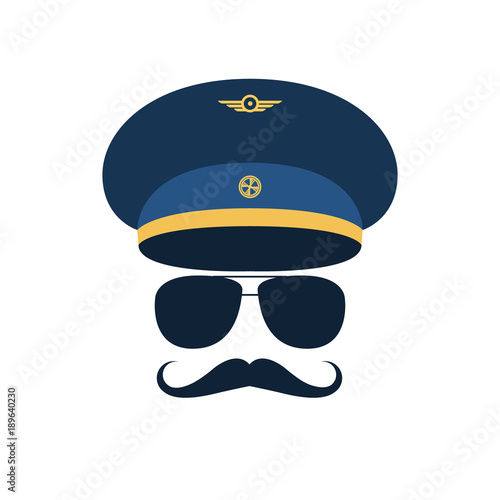 Portrait of pilot with mustache in cap and glasses. Vector illustration.