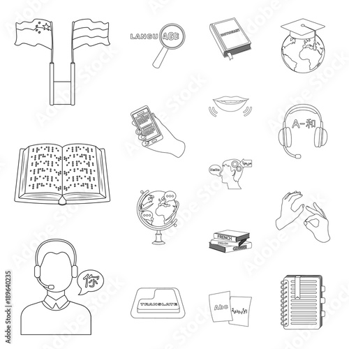 Translator and linguist outline icons in set collection for design. Interpreter vector symbol stock web illustration.