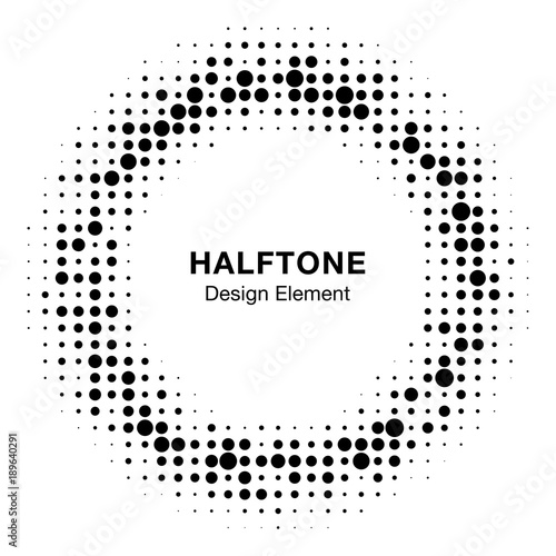 Black abstract vector circle frame halftone random dots logo emblem design element for technology, medical, treatment, cosmetic. Round border Icon using halftone circle dots raster texture.