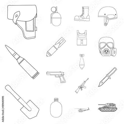 Army and armament outline icons in set collection for design. Weapons and equipment vector symbol stock web illustration.