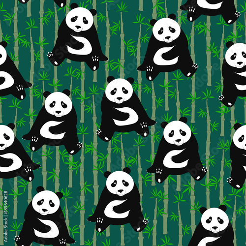 Fototapeta Naklejka Na Ścianę i Meble -  Seamless abstract pattern with hand-drawn cute pandas. background with bamboo
