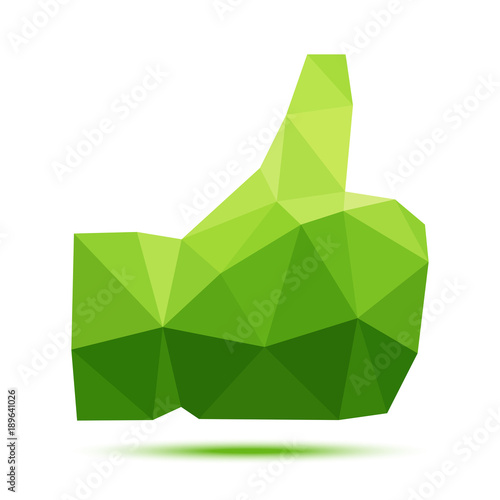 Green geometric polygonal thumb up icon. Vector illustration. 