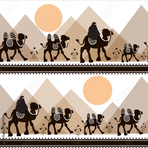 Vector illustration seamless pattern with camel black silhouette. Safari background with camels