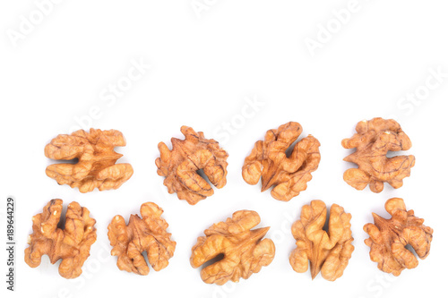 walnut kernels isolated on white background with copy space for your text. Top view. Flat lay