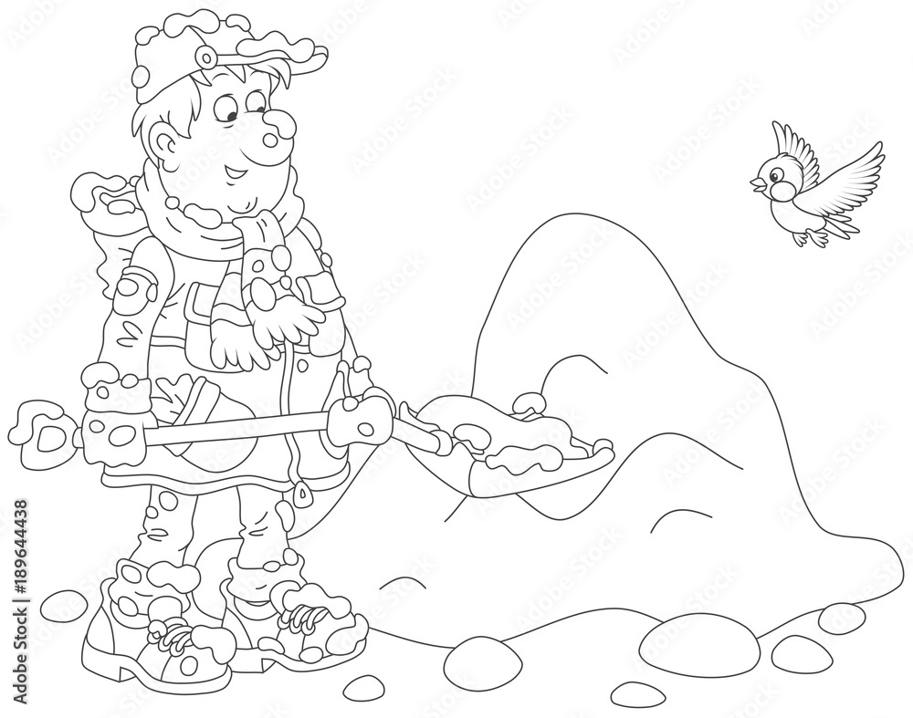 Funny man cleaning snow with a shovel, a black and white vector illustration in cartoon style Funny man cleaning snow with a shovel, a black and white vector illustration in cartoon style
