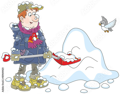 Funny man cleaning snow with a shovel, a vector illustration in cartoon style