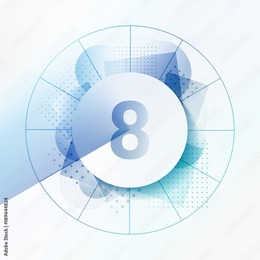 Design template with abstract background and geometrical shapes. Central circle with shadow to indicate number 8. Concept for infographics, statistics, clock, chapters, steps. Vector design Design template with abstract background and geometrical shapes. Central circle with shadow to indicate number 8. Concept for infographics, statistics, clock, chapters, steps. Vector design