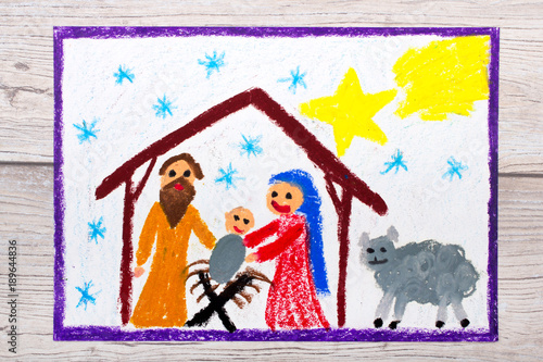 Photo of colorful drawing: Nativity scene. Christmas time