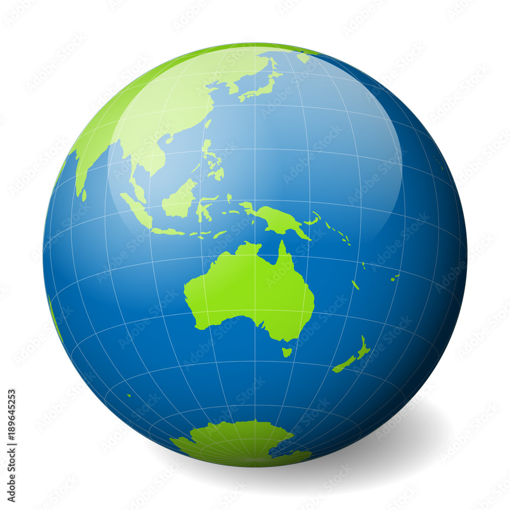 Earth globe with green world map and blue seas and oceans focused on Australia. With thin white meridians and parallels. 3D glossy sphere vector illustration.