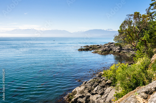 Beautiful Coastline on the South Shore of Vancouver Island. In Background, Shrouded in Morning Fog are Visible the Olympic Range, WA, USA