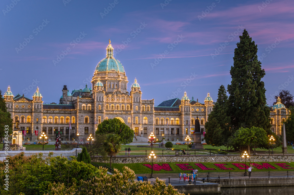 View of Parliament Building in Victoria, Bc, Canada, at Dusk.