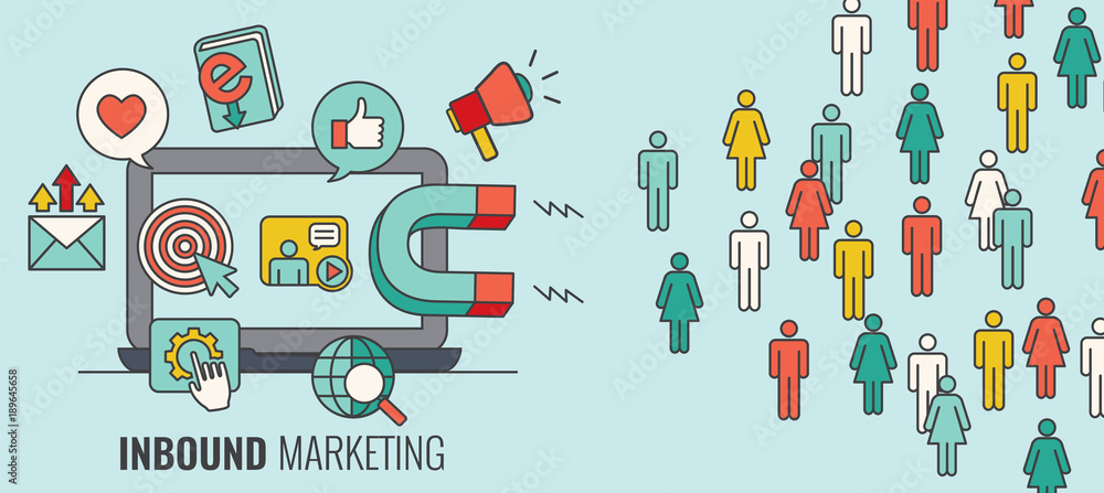 Naklejka premium Inbound Header With Magnet Attracting new Leads and Generating Income with the Inbound Marketing