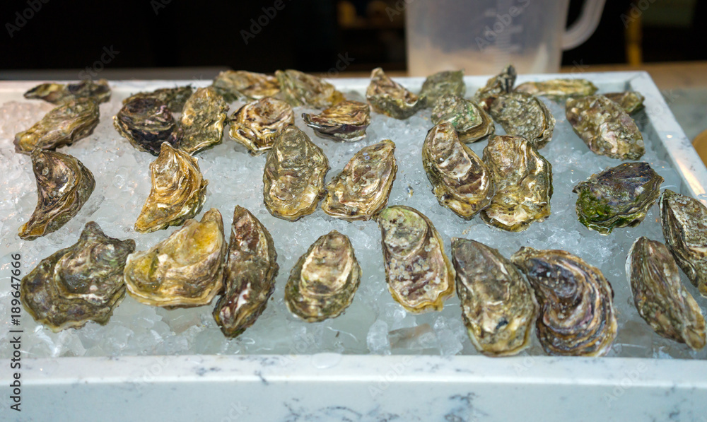 Fresh oysters on ice for sale at a seafood market Fresh oysters on ice for sale at a seafood market