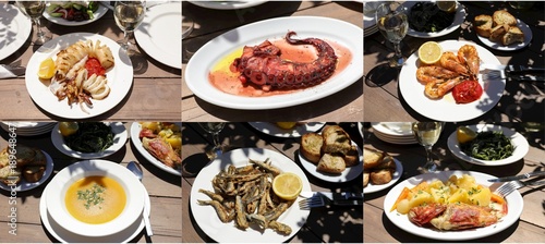 Collage of different seafood dishes of delicious greek cuisine.