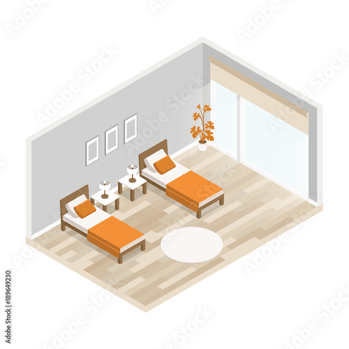 Vector interior bedroom with two beds in isometric. living room with furniture: two beds, two bedside table, lamp, flower pot, picture, window, curtains, pillows. Light hardwood floors and gray walls