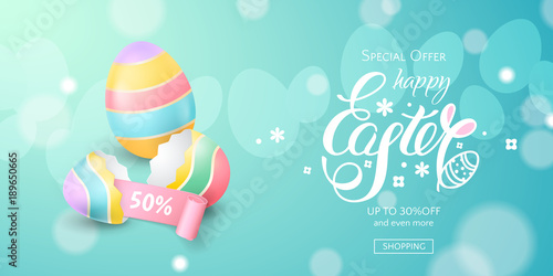 Vector horizontal template for sale banner for Happy Easter with colored eggs, a broken eggshell, bunny ears and a pink ribbon. Holiday blue background for design of flyers with discount offers.