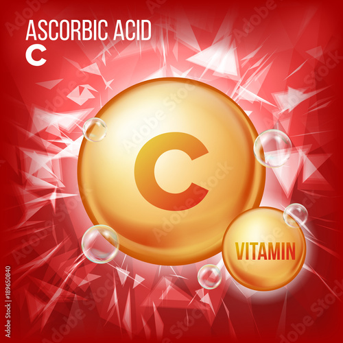 Vitamin C Ascorbic Acid Vector. Organic Vitamin Gold Pill Icon. Medicine Capsule, Golden Substance. For Beauty, Cosmetic, Heath Promo Ads Design. Vitamin Complex With Chemical Formula. Illustration