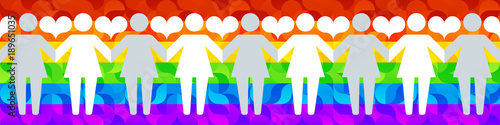 Pictograms of lesbian women holding hands on a background of lgbt flag and hearts. 