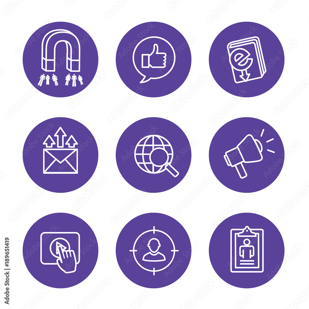 Inbound marketing icon set w magnet, social, email, and promotion Inbound marketing icon set w magnet, social, email, and promotion