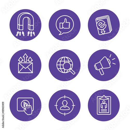 Inbound marketing icon set w magnet, social, email, and promotion