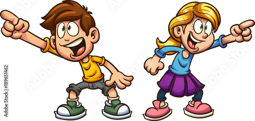 Cartoon boy and girl pointing at something. Vector clip art illustration with simple gradients. Each on a separate layer. 