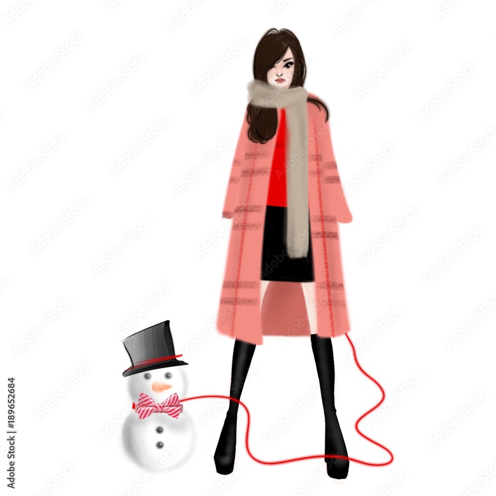 Beautiful girl in winter outfit wearing pink long coat, high black boots, and a little snowman Beautiful girl in winter outfit wearing pink long coat, high black boots, and a little snowman