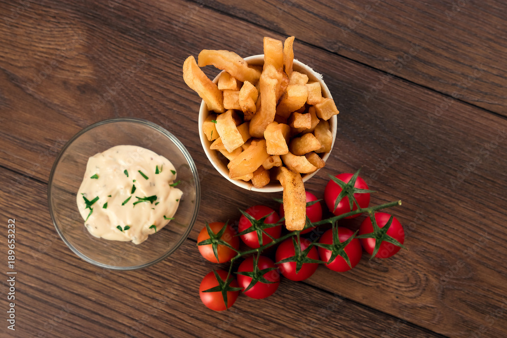 French fries in a glass top view Fast food. French fries in a glass top view Fast food.