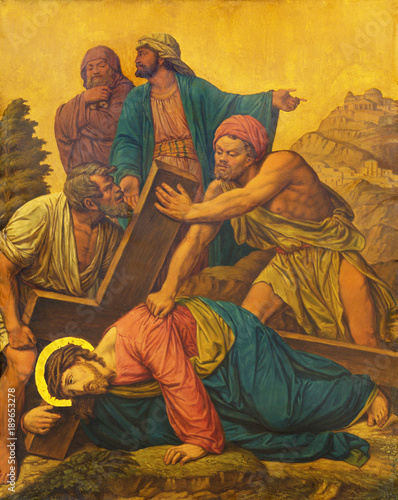 LONDON, GREAT BRITAIN - SEPTEMBER 17, 2017: The painting Jesus fall under the cross as the Station of the Cross in church of St. James Spanish Place by M. Jacob (1873).