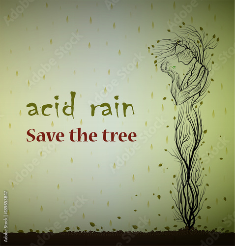 Text acid rain save the tree and dying tree looks like man and holding the last green leaf, save plant concept, eco art,