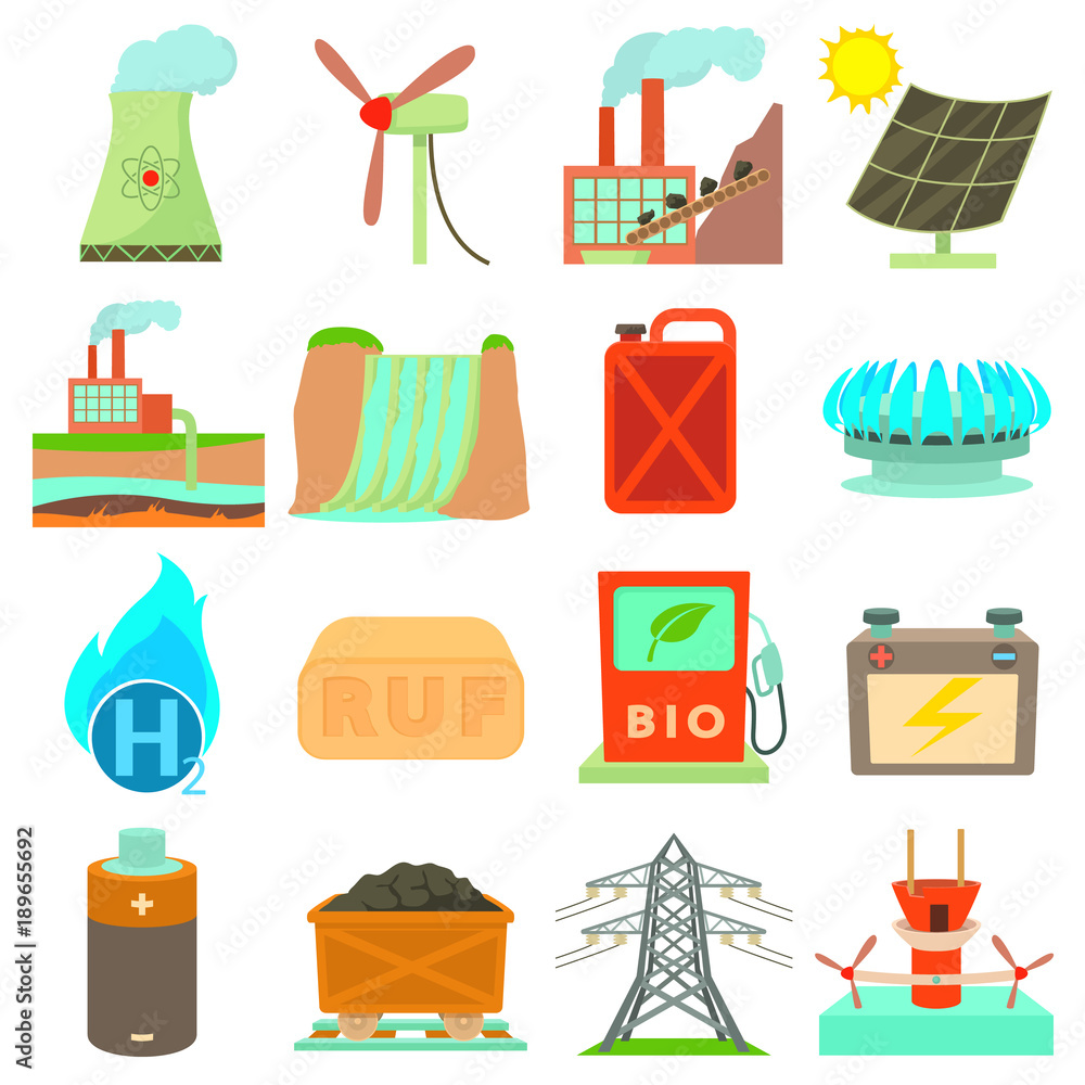 Energy sources items icons set, cartoon style Energy sources items icons set, cartoon style