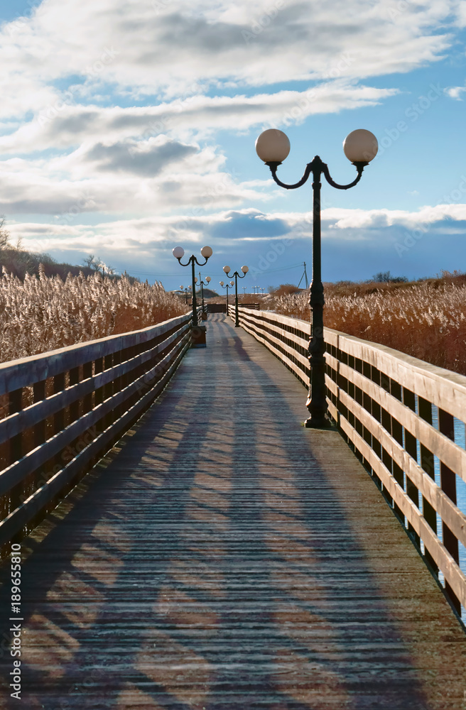 Wooden boardwalk through the reeds in the sunlight. A wooden plank promenade with lampposts.